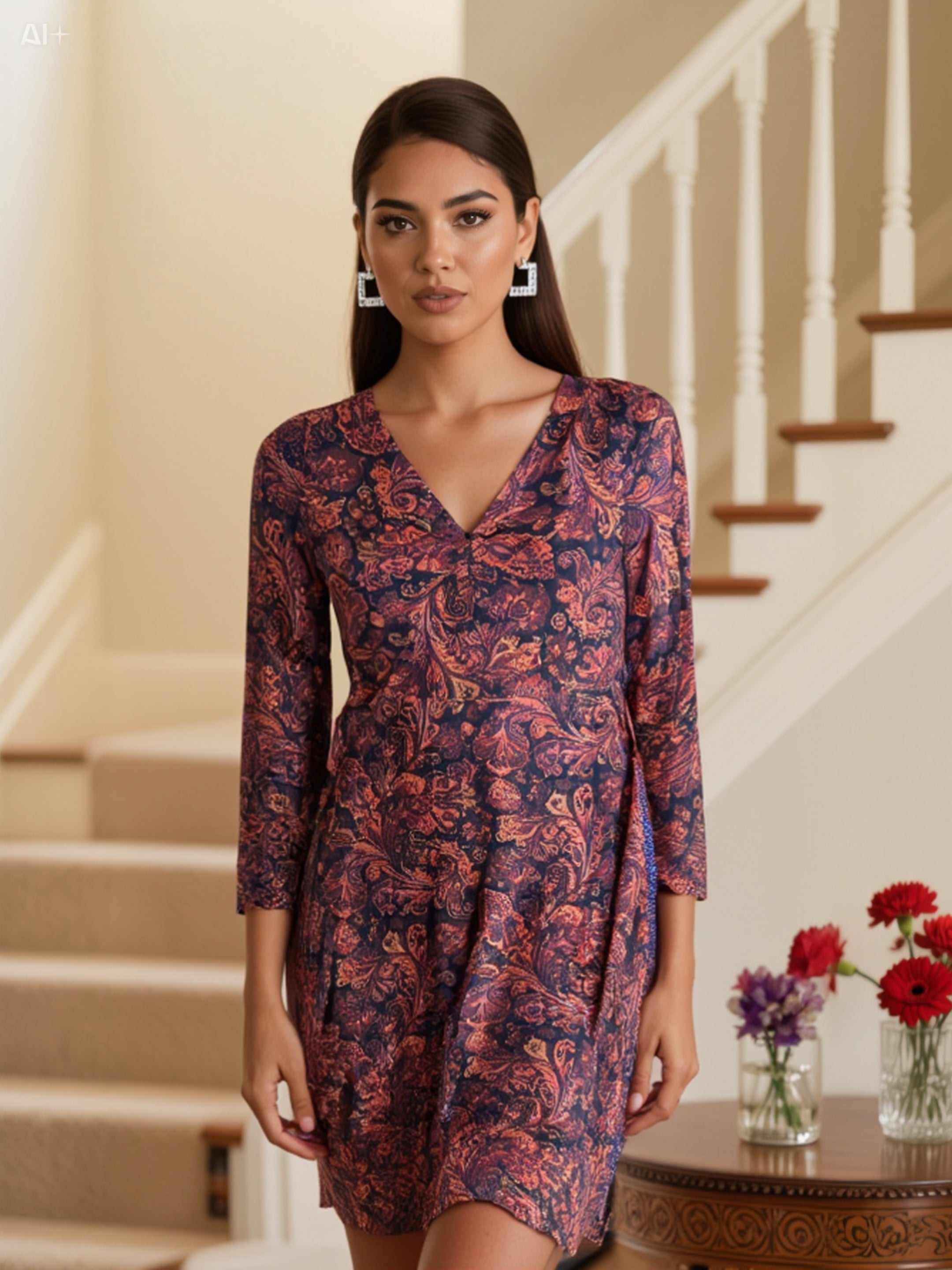 Abito Lungo Paisley con Maniche Trasparenti e Scollo a V