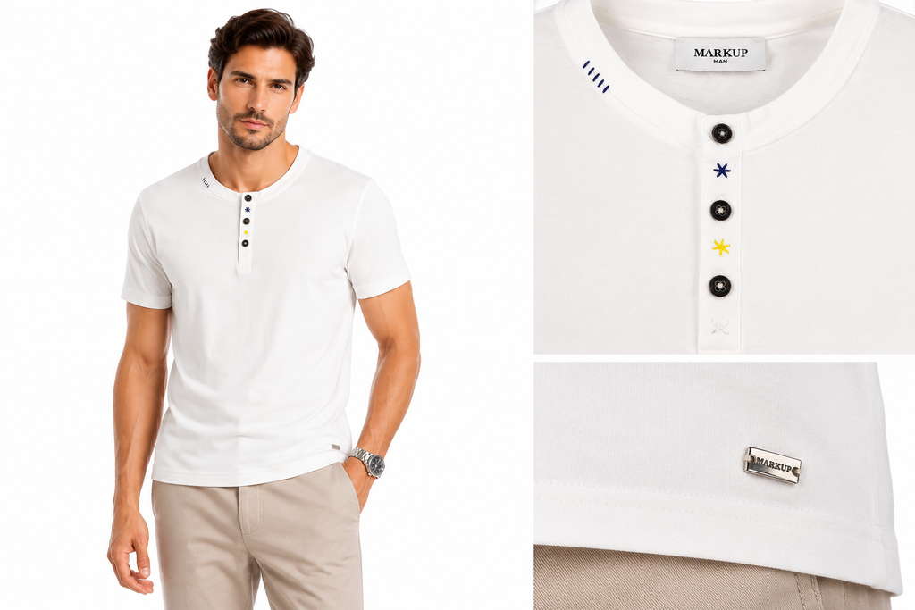 -shirt Uomo Markup in Jersey 100% Cotone Bianca – Collo Serafino a 3 Bottoni