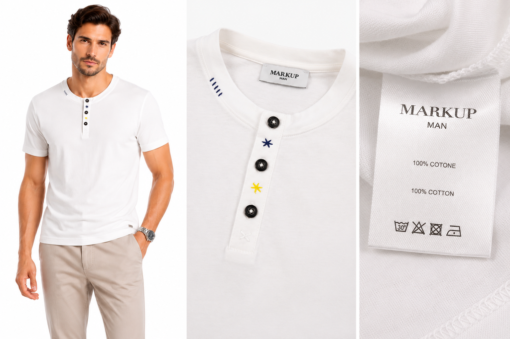 -shirt Uomo Markup in Jersey 100% Cotone Bianca – Collo Serafino a 3 Bottoni